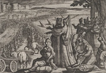 Vrouwen en kinderen observeren Civilis die tegen de Romeinen vecht, uit De Oorlog van de Romeinen