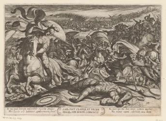 Zelfmoord van Saul na zijn nederlaag door de Filistijnen. Saul post cladem et necem fillor sibl morte conscivit (titel op object). Oudtestamentische strijdscènes (serietitel)