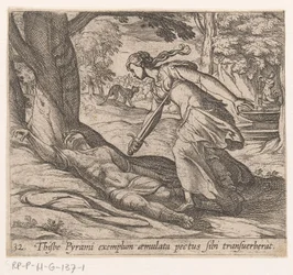 Zelfmoord van Thisbe - Thijsbe Pyrami exemplum aemulata pectus sibi transuerberat (titel op object) - Metamorphoseon sive transformationum (serietitel) - Metamorfosen van Ovidius (serietitel)