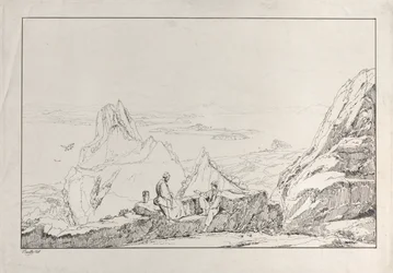 Bergachtig landschap met twee mannen op de voorgrond, 1828