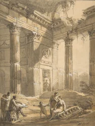 Kunstenaar tussen ruïnes
