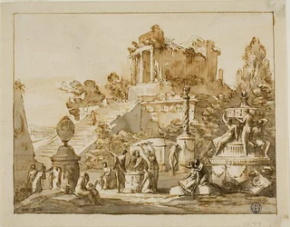 Klassiek landschap met verwoeste tempel op heuvel, vrouwenfiguren eronder