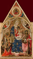 Madonna en Kind, met een bisschop, Johannes de Doper en engelen