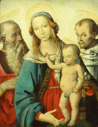 De Madonna met kind en de heiligen Hiëronymus en Franciscus (tempera op hout)
