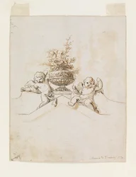 Twee Putti naast een Vaas met Bloemen