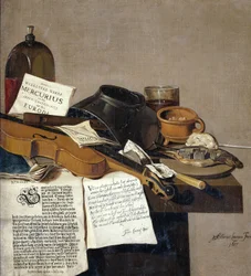 Stilleven met Pamfletten, een Viool, Fluit, Voedsel en Pamfletten