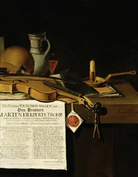 Vanitas stilleven eerbetoon aan admiraal Marten Herpertszwoon Tromp, 1655