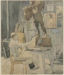 Jan Toorop in een beeldhouwersatelier