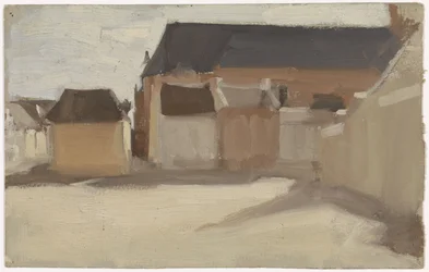 Studie van een dorpspleintje met gebouwen