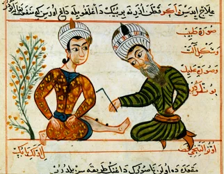 Cauterisatie van een wond. Miniatuur uit een melk van Arabische geneeskunde. 15e eeuw Parijs, B.N.