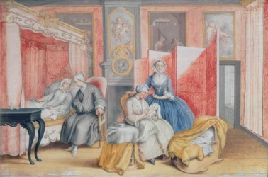 Jozef II (1741-90) aan het bed van zijn vrouw Isabella van Parma na de geboorte van hun dochter Maria Theresa, 1762
