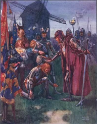 De prins knielt nederig voor zijn vader: Het is zijn strijd - geheel de zijne! illustratie uit Ballads of Famous Fights, ca. 1900