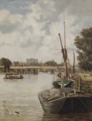 De huidige Hammersmith Brug in aanbouw met de tijdelijke brug, 1886