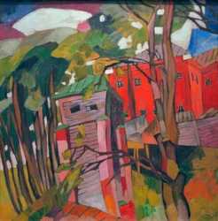 Landschap met rood huis