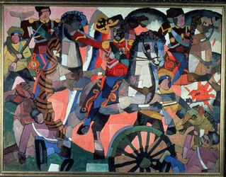 Slag van de overwinning. Slagveldscène, expressief en kleurrijk, gewapende soldaten, ruiters die aanvallen, kanonwiel en explosies en gevallen soldaten. Schilderij van Aristarkh Vasilyevich Lentulov (1882-1943), olieverf op doek, 191