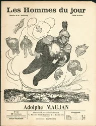 Omslag van "Les Hommes du jour", ca. 1905 - Illustratie door Aristide Delannoy (1874-1911): Ballonnen van ballonnen - Clemenceau George, Jaures Jean, Fallieres Armand (1841-1931), Maujan Adolphe (1853-1914)