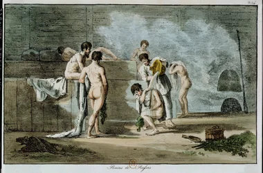 Russische mannen in een sauna, uit Moeurs et Coutumes Russes, 1821
