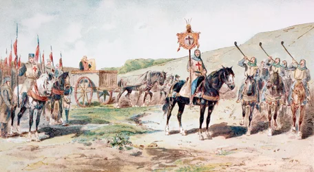Kruisvaarders op mars in de 11e eeuw met een door paarden getrokken bevoorradingswagen, 1886