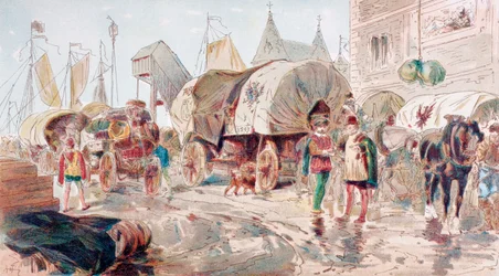 Paardenwagens vol goederen van de Hanze arriveren in een haven, 16e eeuw, 1886