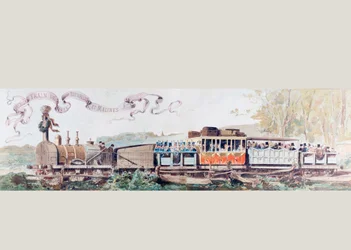 Schilderij ter viering van de eerste trein van Brussel naar Mechelen in 1835