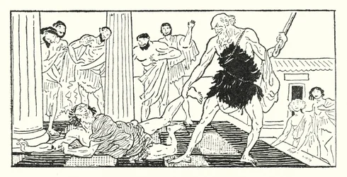 Odysseus sleept Irus uit de hal