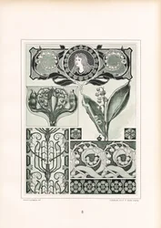 Lelietjes-van-dalen ornament met vrouwenportretmedaillon (litho)