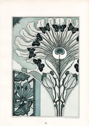 Ornament van pauwenveren met vlinders en tulpen (litho)