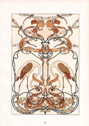 Symmetrisch art nouveau ornament met libellen, reigers en mythische wezens (litho)