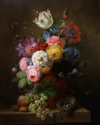 Stilleven van rozen, klaprozen, azalea