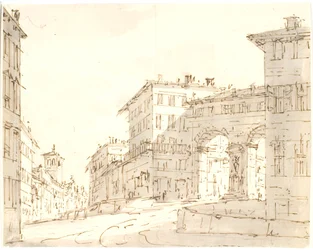 Italiaanse straat met kerk links en poort rechts