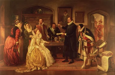Dr. William Gilbert toont zijn experiment over elektriciteit aan koningin Elizabeth I en haar hof
