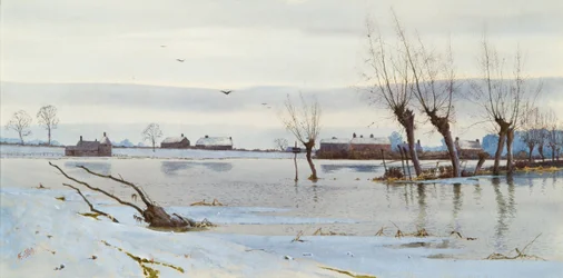 Winterlandschap met overstroomde rivier
