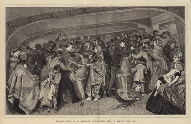 Tussen dekken in een emigrantenschip, voedertijd, een schets uit het leven
