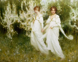 "Onschuld" Twee vrouwen gekleed in het wit, symbool voor onschuld en zuiverheid, wandelen in een tuin. Schilderij van Arthur Hacker (1858-1919) (pre-raphaeliet) Privécollectie