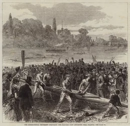 De Internationale Universitaire Roeiwedstrijd, de Harvard-ploeg keert terug van de training