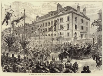 Het bezoek van de koningin aan East End, aankomst van Hare Majesteit bij het London Hospital