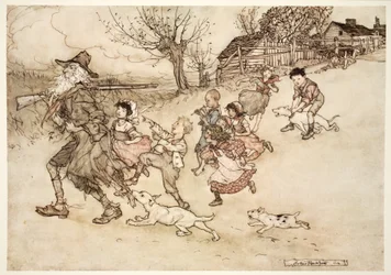 Een troep vreemde kinderen rende achter hem aan, joelend en wijzend naar zijn grijze baard., uit Rip Van Winkle door Washington Irving, pub. 1910