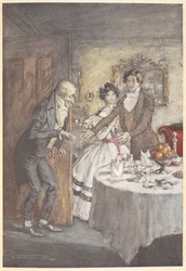Een jonge man en vrouw verwelkomen Scrooge voor een maaltijd in hun eetkamer