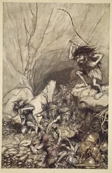 Albrech rijdt een bende Nibelungs binnen met gouden en zilveren schatten, uit 