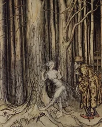 Eindelijk ontmoette ze de Bruidegom die langzaam terugkwam, illustratie bij Fitchers Vogel uit Kleine Broer, Kleine Zus door de Gebroeders Grimm, 1917