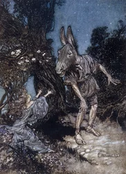 Bottom de ezelkopman en Titania de koningin van de feeën. Illustratie door Arthur RACKHAM voor De Droom van een Zomernacht door William SHAKESPEARE