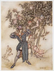Last (verspreid) Hoor Hoor!, illustratie uit William Shakespeares De Storm, uitgegeven 1926