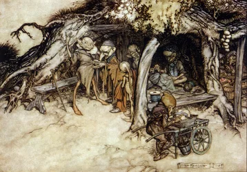 Elfen maken een jas, Illustratie door Arthur RACKHAM (1867-1939) voor De droom van een zomernacht door William SHAKESPEARE