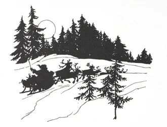 Kerstman die door een besneeuwd bos reist op zijn slee