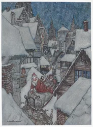 Kerstman die door besneeuwde straten reist op zijn slee