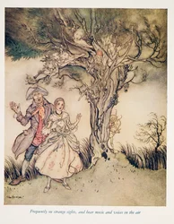 Vaak vreemde bezienswaardigheden zien en muziek en stemmen in de lucht horen, uit De Legende van Sleepy Hollow door Washington Irving (1783 - 1859), pub. 1928
