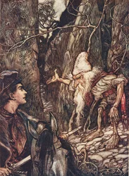 Goede dwerg, kun je me niet vertellen waar mijn broers zijn? uit De Sprookjes van de Gebroeders Grimm, uitgegeven 1909