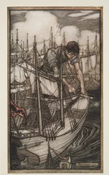 Gulliver Grijpt de Vloot van de Vijand, uit Gullivers Reizen door Jonathon Swift, pub. 1909