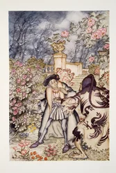 Hij hoorde een luid geluid en zag een beest op zich afkomen, zo angstaanjagend om te zien dat hij bijna flauwviel van angst, uit The Arthur Rackham Fairy Book, gepubliceerd 1933