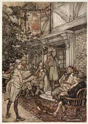 Hij troostte zichzelf door vaak een soort eeuwige club van wijzen, filosofen en andere luie personen te bezoeken, die zijn zittingen hield voor een kleine herberg., uit Rip Van Winkle door Washington Irving